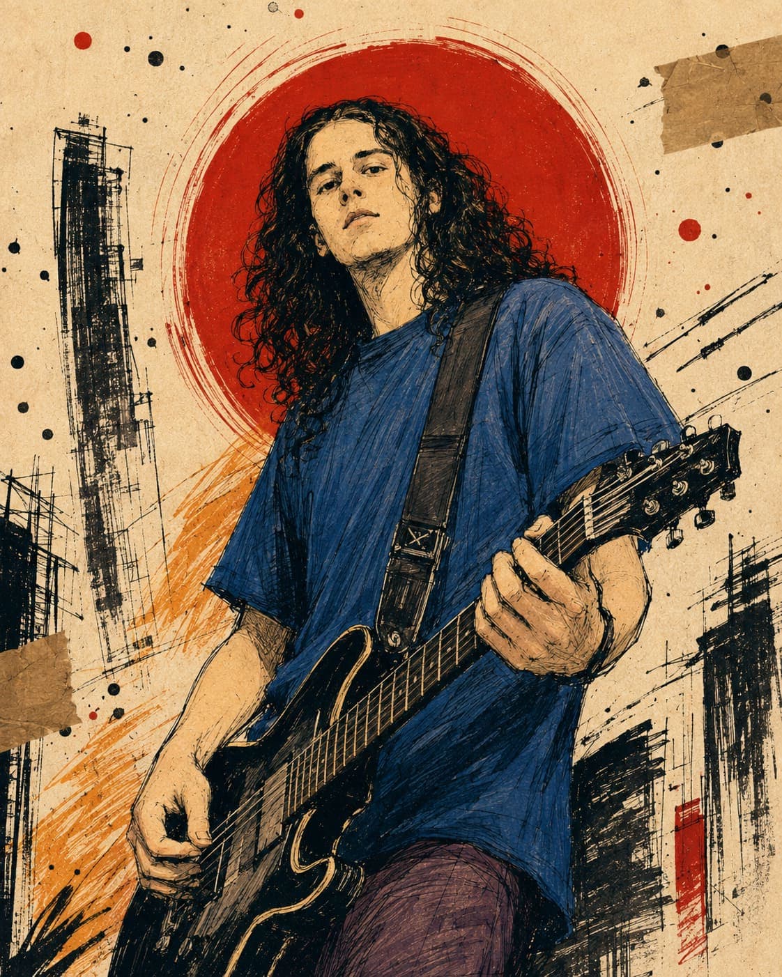Exequiel Sosa con su guitarra, ilustración basada en una foto de los años 90