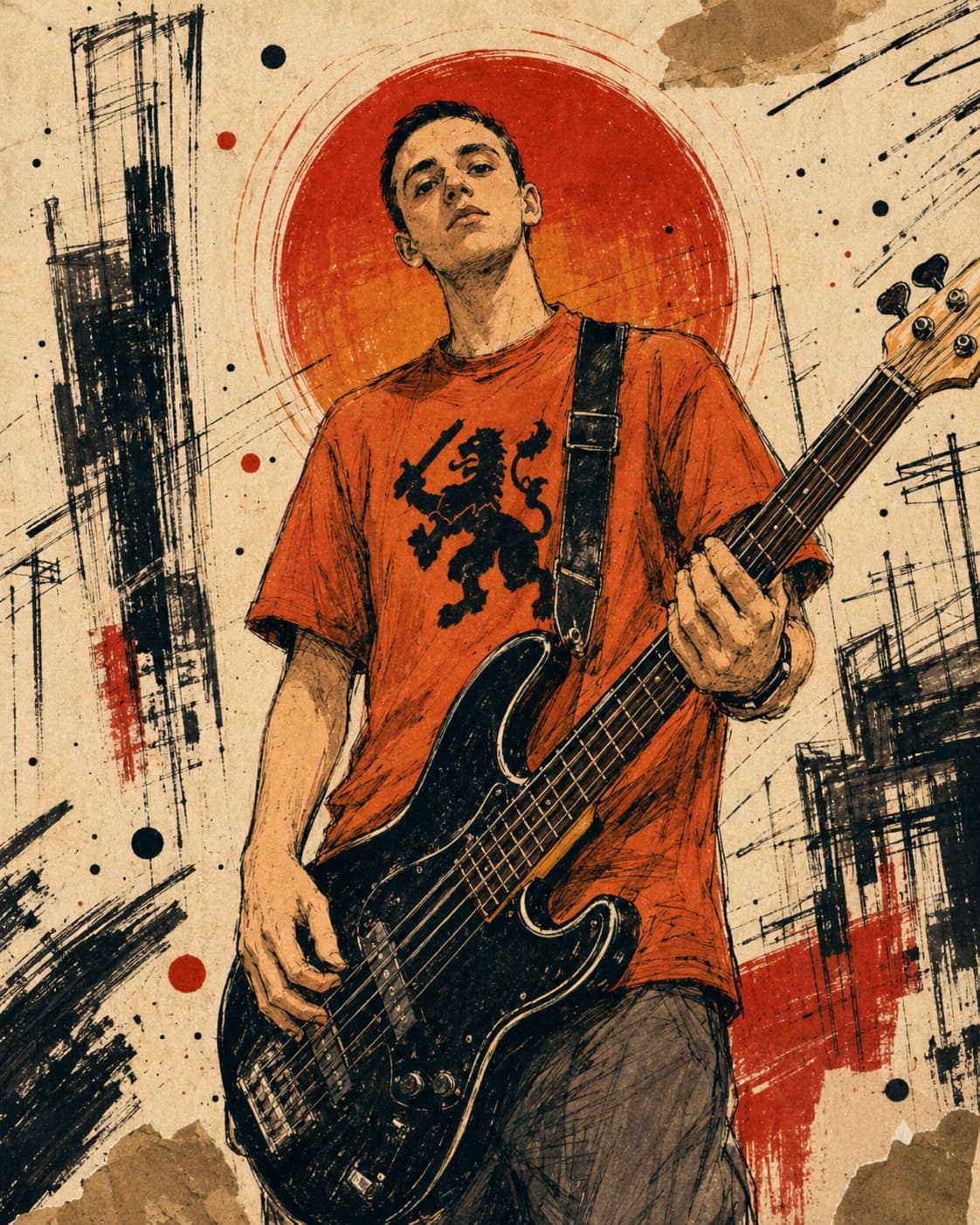 Rodrigo Vieiro tocando el bajo, ilustración basada en una foto de los años 90