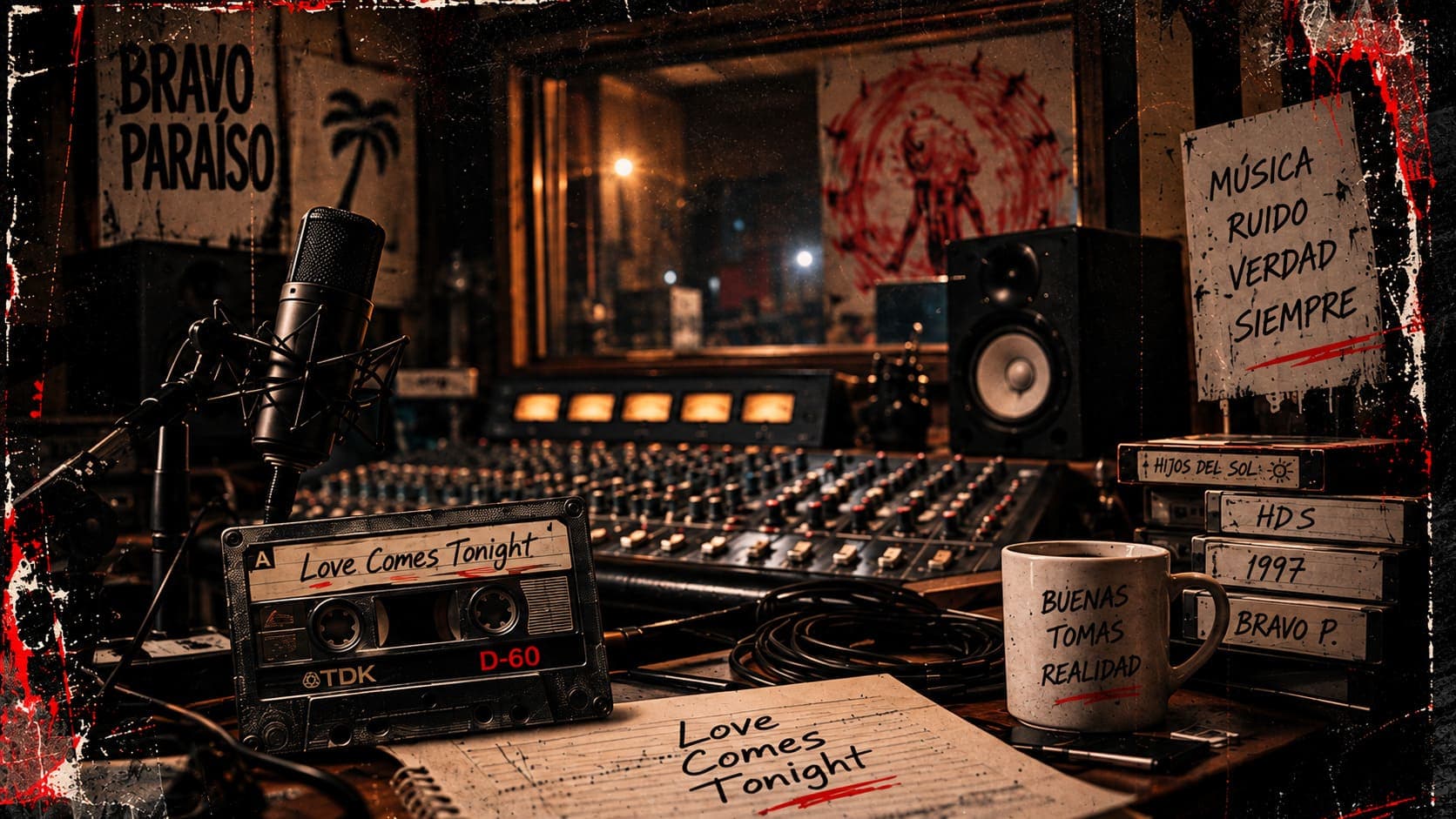 El estudio Bravo Paraíso: el cassette de "Love Comes Tonight" sobre la consola, con el póster del estudio de fondo