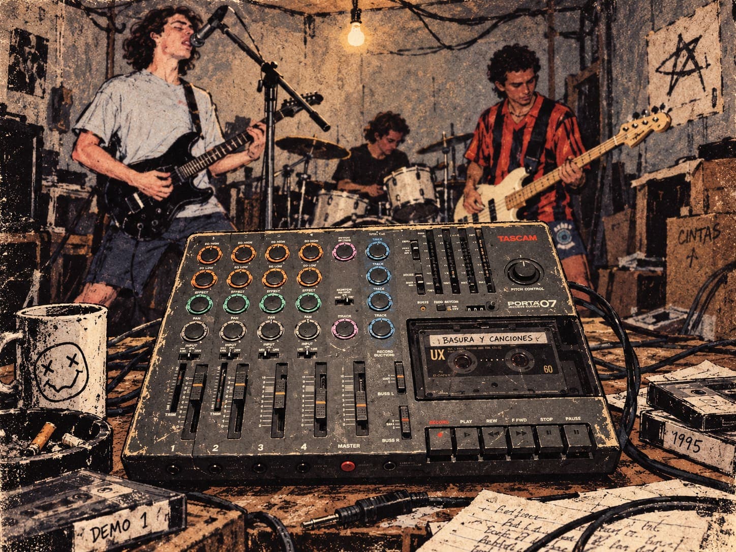 La Tascam Porta 07 en primer plano, con la banda ensayando en el sótano de fondo y cintas apiladas alrededor